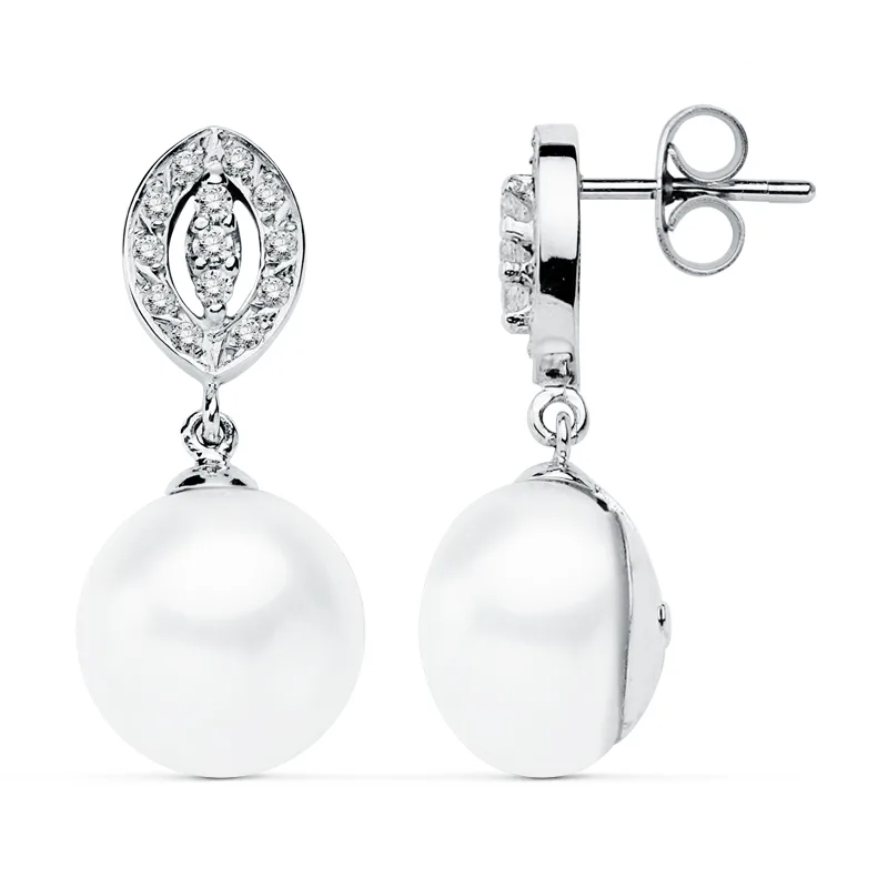 9K PENDIENTES ORO BLANCO PERLA 27X11 MM CIERRE PRESION