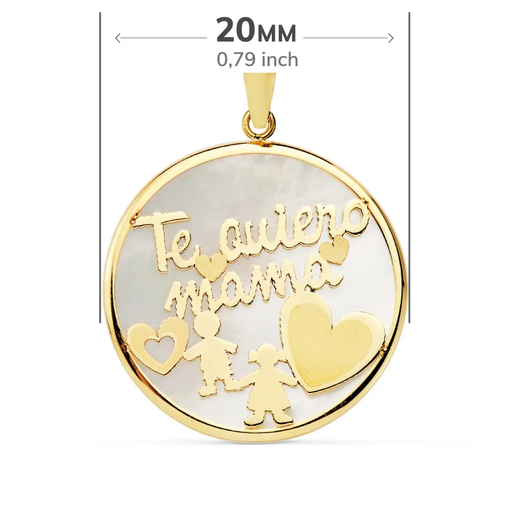 9K COLGANTE ORO AMARILLO MAMA NACAR NIÑO Y NIÑA 20 MM — vista 2