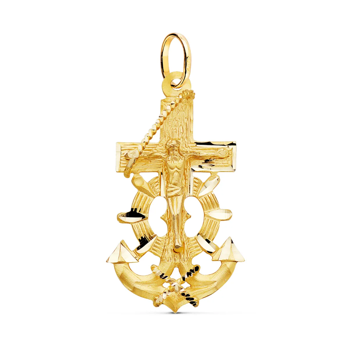 18K CRUZ MARINERA ORO AMARILLO CON CRISTO TALLADA 40X22 MM
