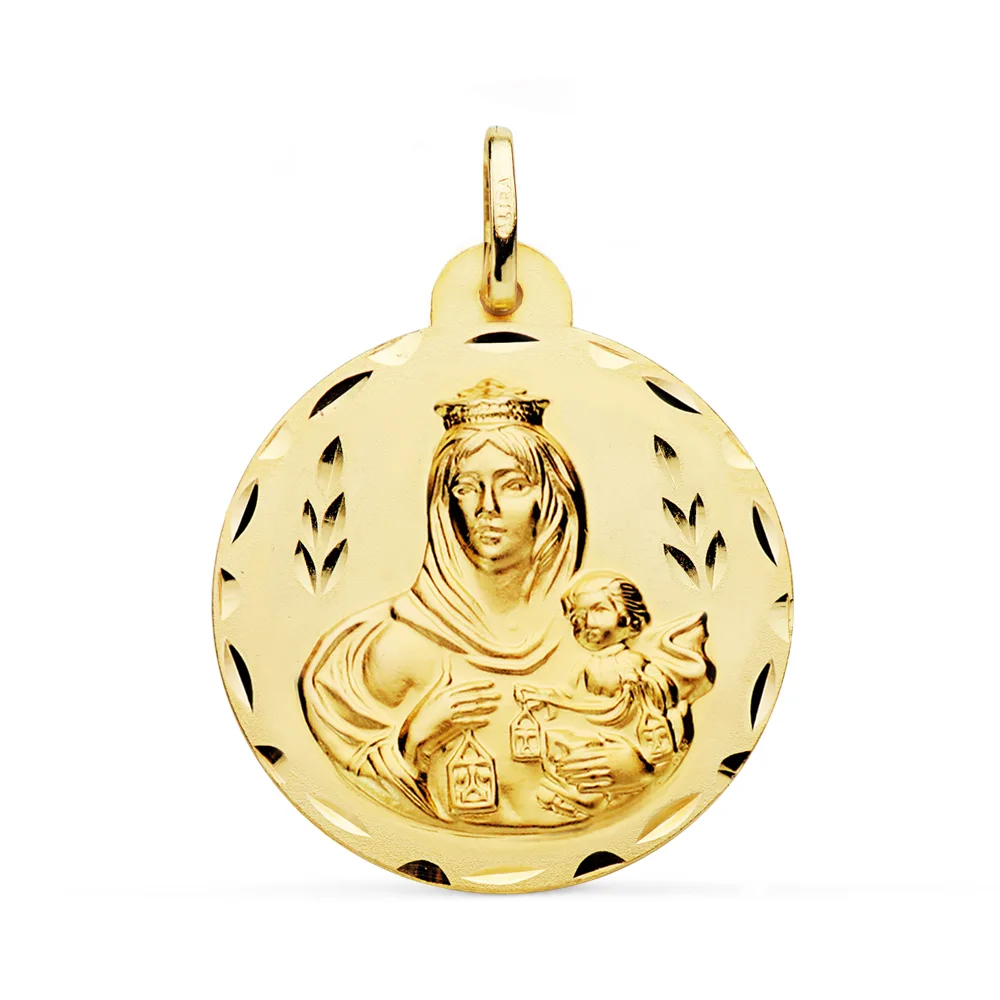 18K ESCAPULARIO ORO AMARILLO TALLADO VIRGEN DEL CARMEN Y CORAZON DE JESUS 28 MM — vista 3
