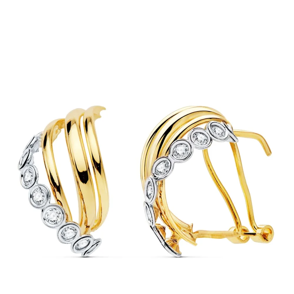 18K PENDIENTES ORO BICOLOR BANDAS 18X10 MM CIERRE OMEGA