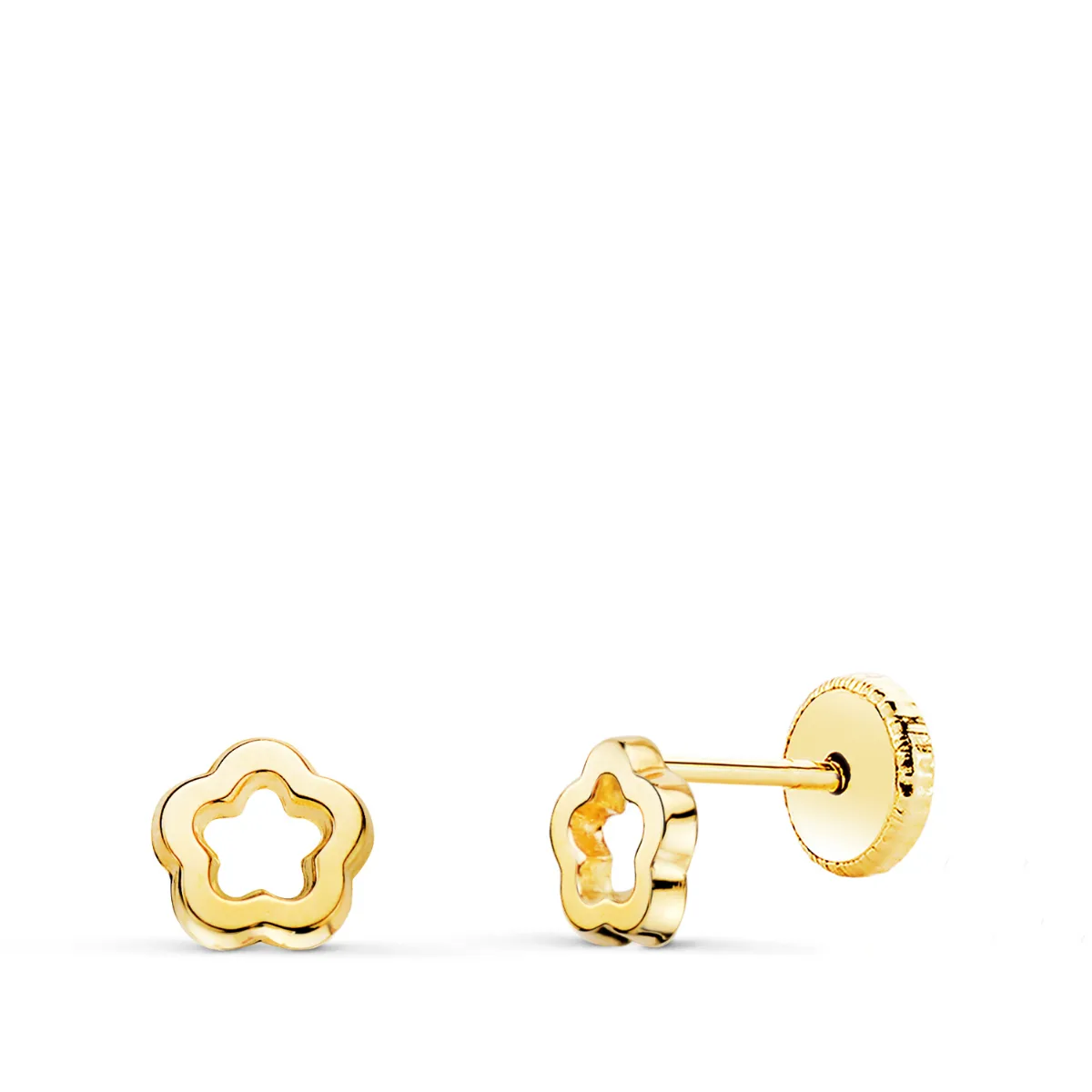 18K PENDIENTES ORO AMARILLO FLOR BRILLO CALADA 5 X 5 MM. CIERRE TUERCA