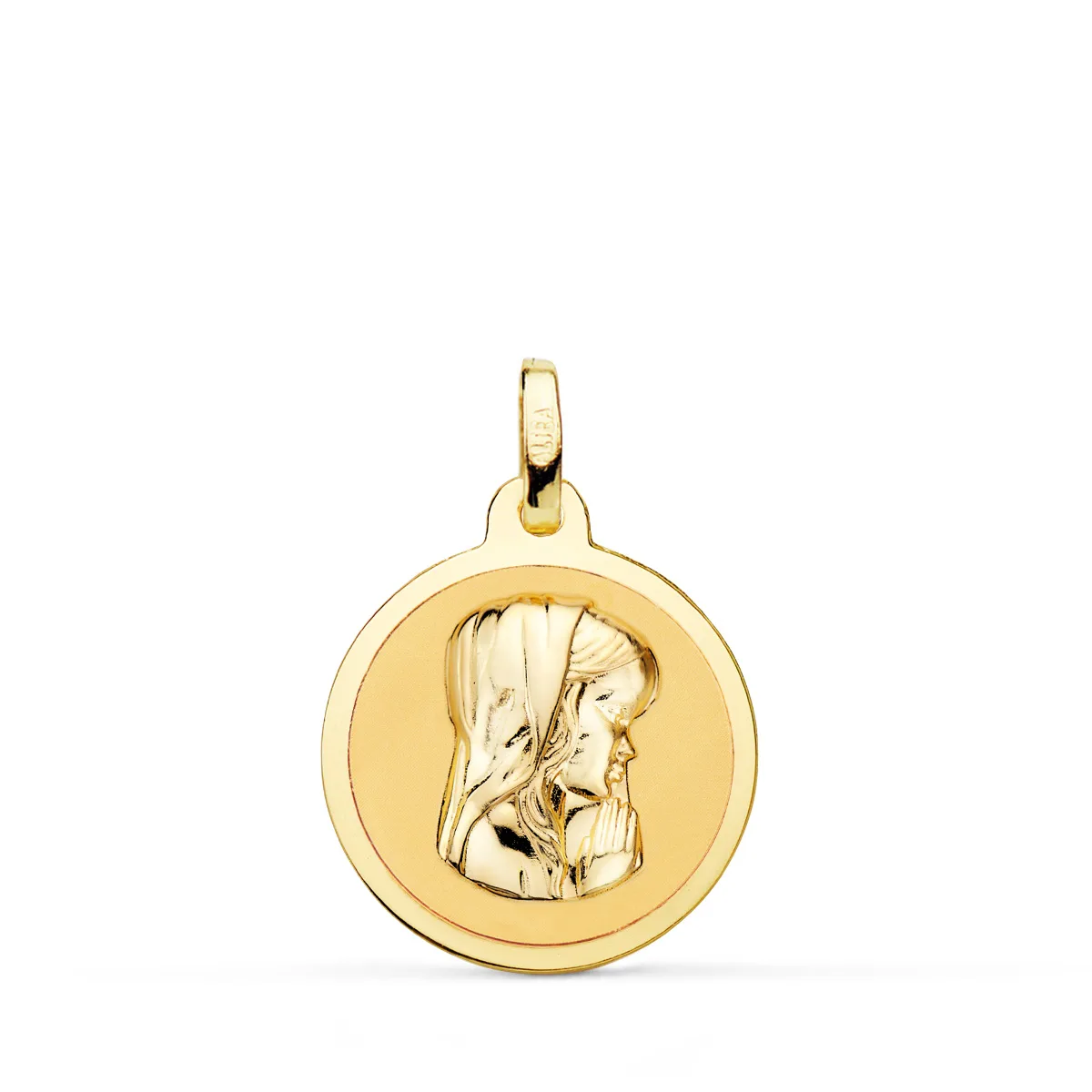 18K MEDALLA ORO AMARILLO VIRGEN NIÑA EN BRILLO 18 MM