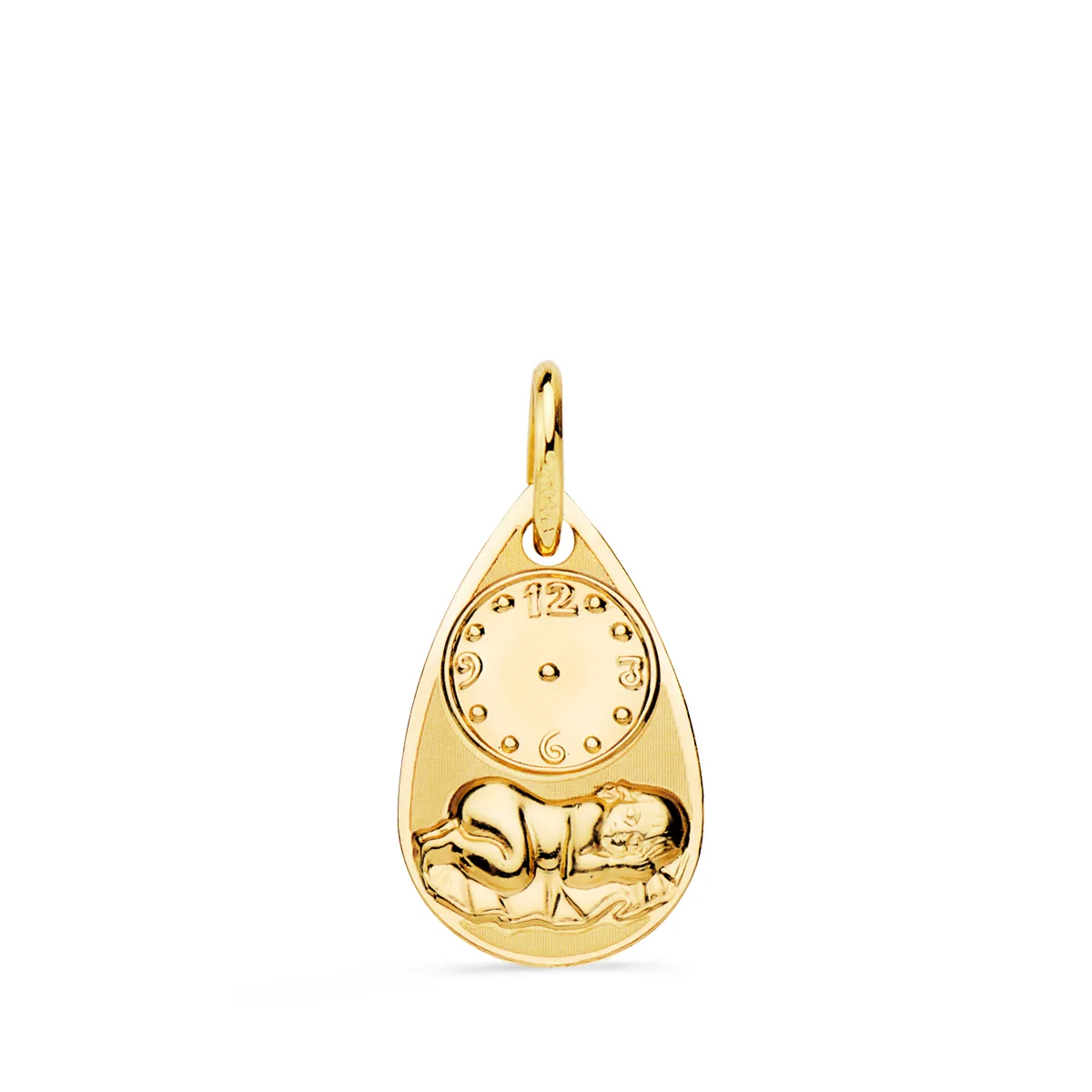 18K MEDALLA ORO AMARILLO GOTA NIÑO DE LA HORA CON RELOJ BRILLO Y MATE 19X11 MM