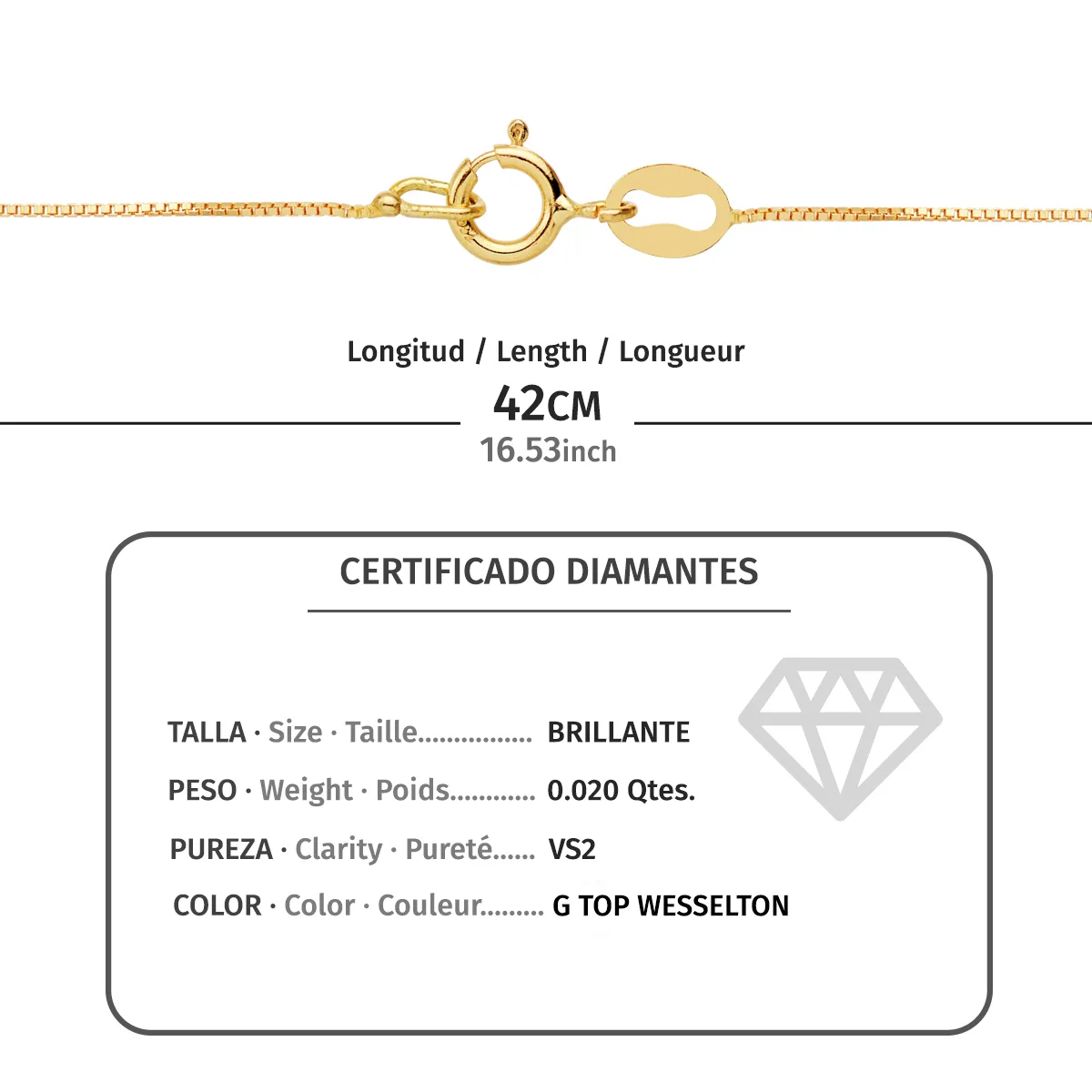 18K GARGANTILLA ORO AMARILLO CHATON 5,5 MM DIAMANTE LABORATORIO 1,70MM 0,020 QTS. G-VS2. CADENA 42CM — vista 3