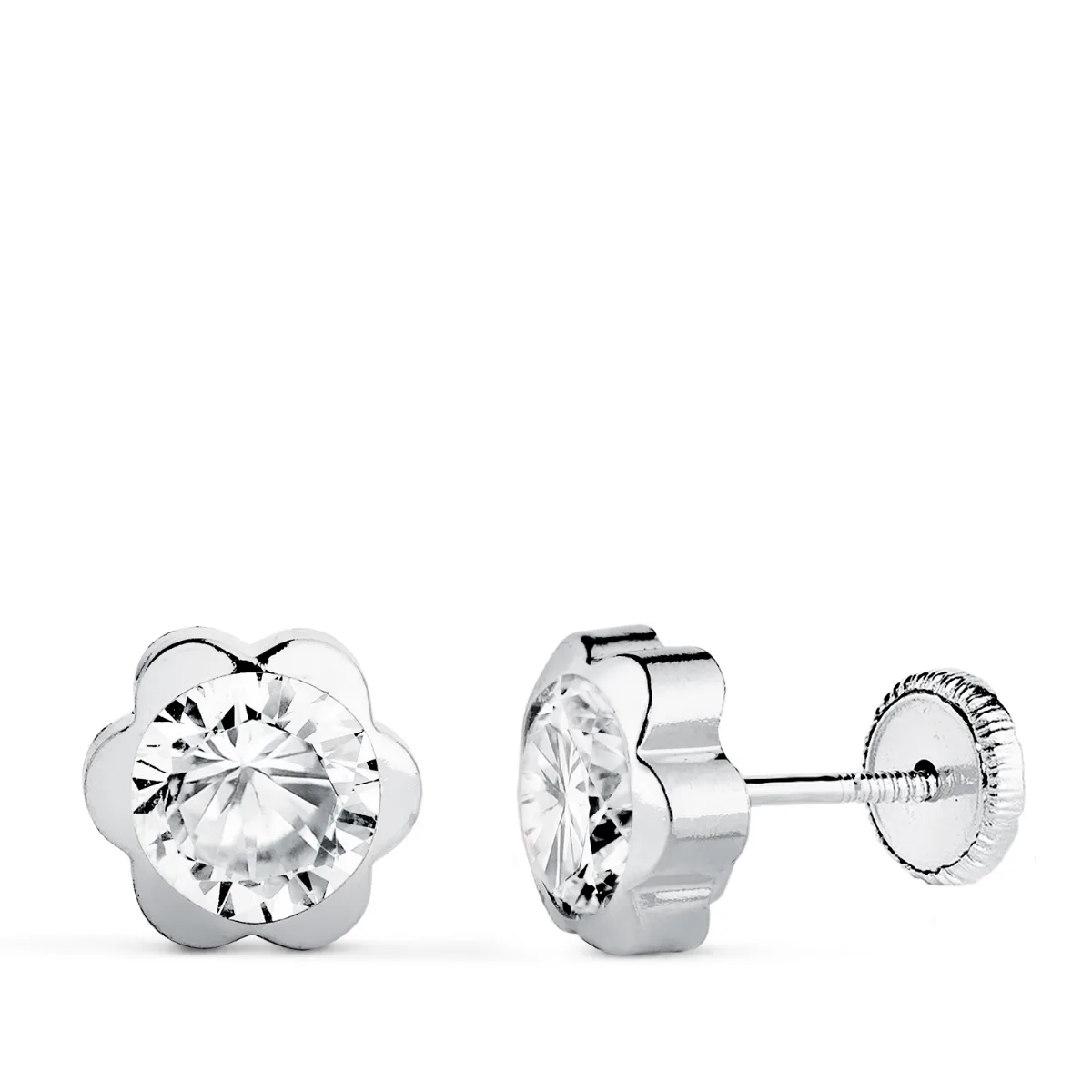 18K PENDIENTES ORO BLANCO CHATON MARGARITA CON CIRCONITA. MEDIDA: 7,5 X 7,5 MM. CIERRE TUERCA
