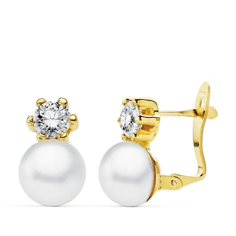 18K PENDIENTES PERLA ORO AMARILLO 6 MM Y GARRA CIRCONITA 4 MM CIERRE CATALAN