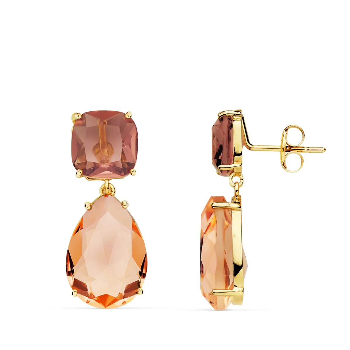 18K PENDIENTES ORO AMARILLO PIEDRA PERA COLOR ALEJANDRITA Y KUNCITA 24X10 MM CIERRE PRESION