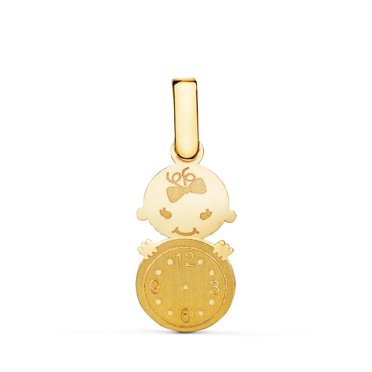 18K COLGANTE ORO AMARILLO NIÑA CON RELOJ. MEDIDA: 18 X 11 MM