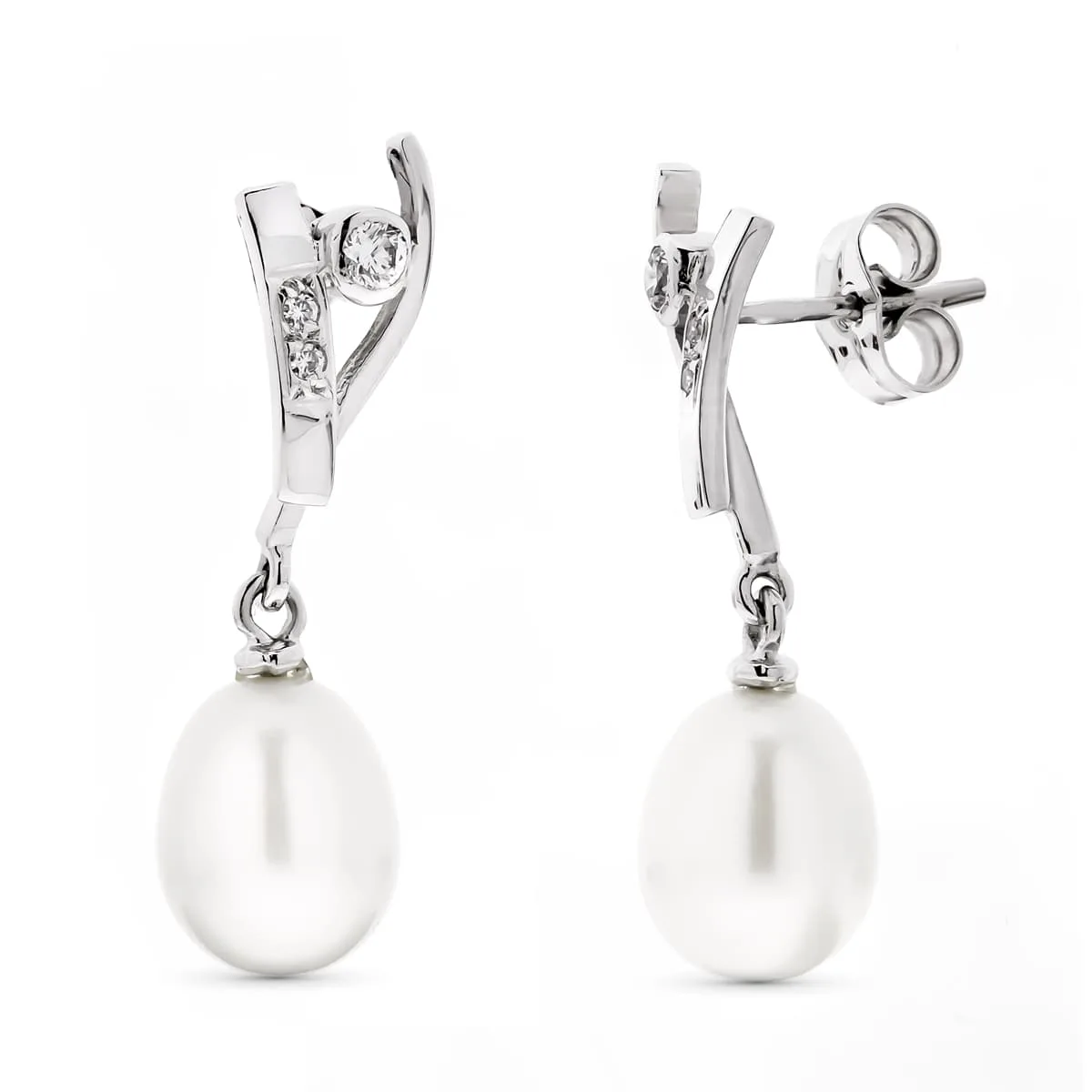18K PENDIENTES ORO BLANCO LARGOS PERLA PERA Y CIRCONITA CIERRE PRESION
