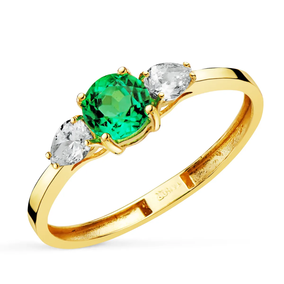 18K SORTIJA ORO AMARILLO ESMERALDA RECRISTALIZADA 5 MM 0,48 QT Y DIAMANTES LABORATORIO TALLA PERA 0,29QT. VS2 - E
