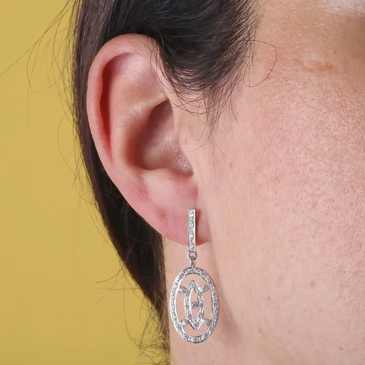 18K PENDIENTES DOS CUERPOS ORO BLANCO JUEGO NOVIA 38X14 MM PRESION — vista 2