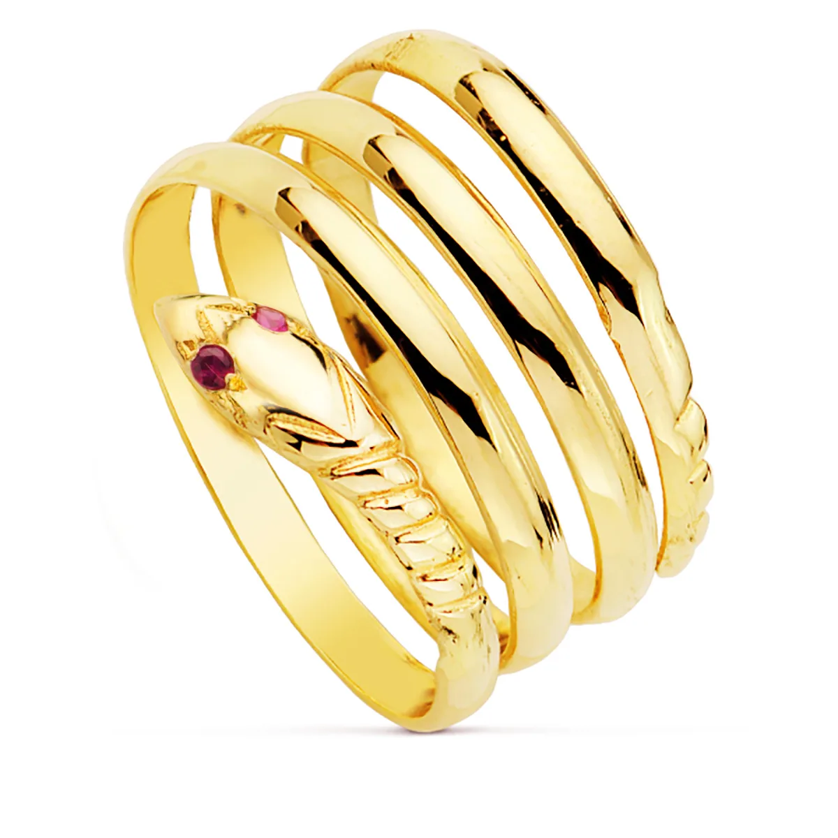 18K SORTIJA ORO AMARILLO SERPIENTE CUERPO 3 VUELTAS OJOS RUBI. ANCHO: 15 MM