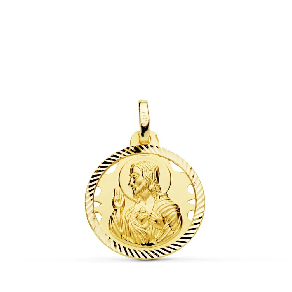 18K MEDALLA ORO AMARILLO CRISTO SAGRADO CORAZON DE JESUS HELICE CALADO 18 MM
