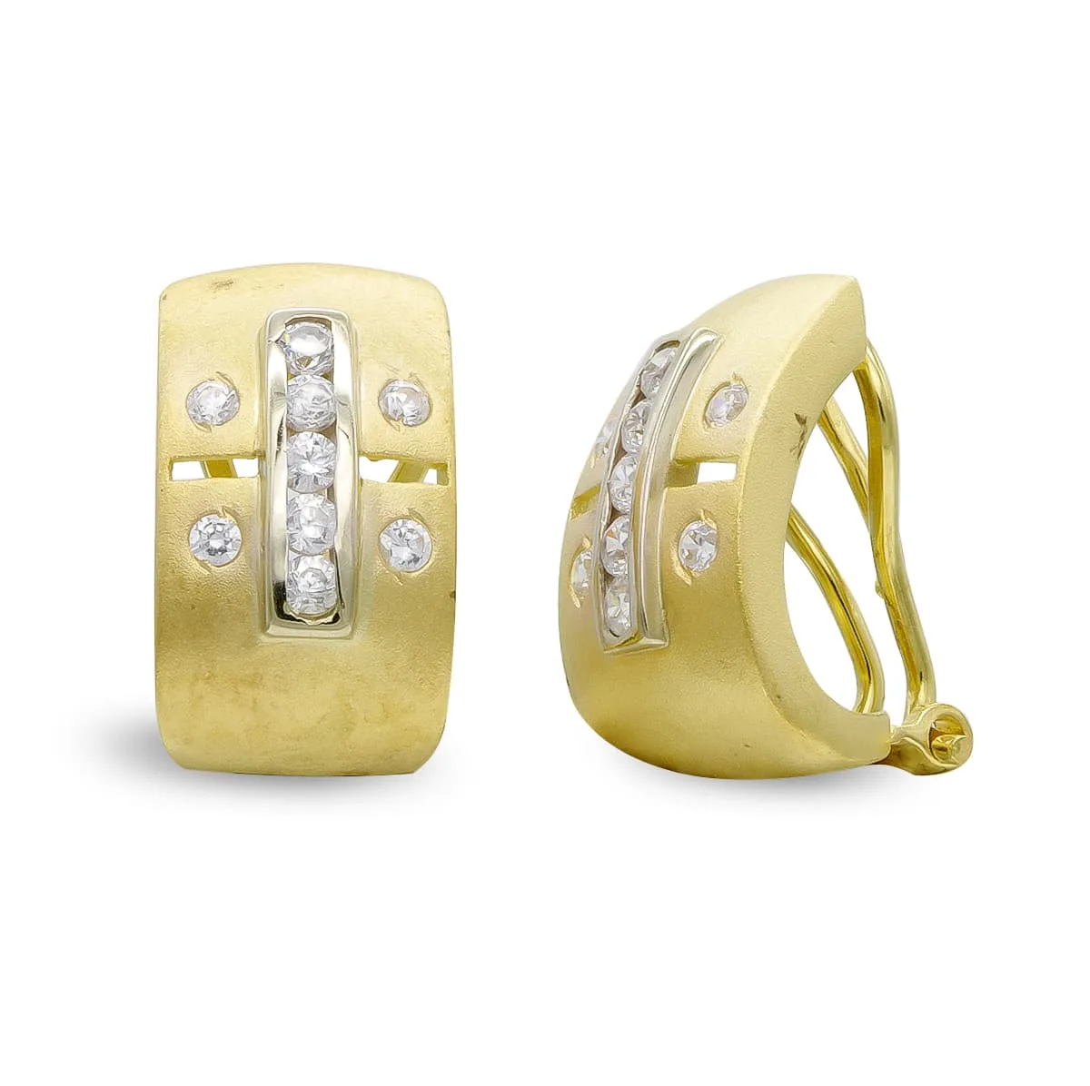 18K PENDIENTES ORO BICOLOR MATE Y BRILLO CON CIRCONITA CIERRE OMEGA