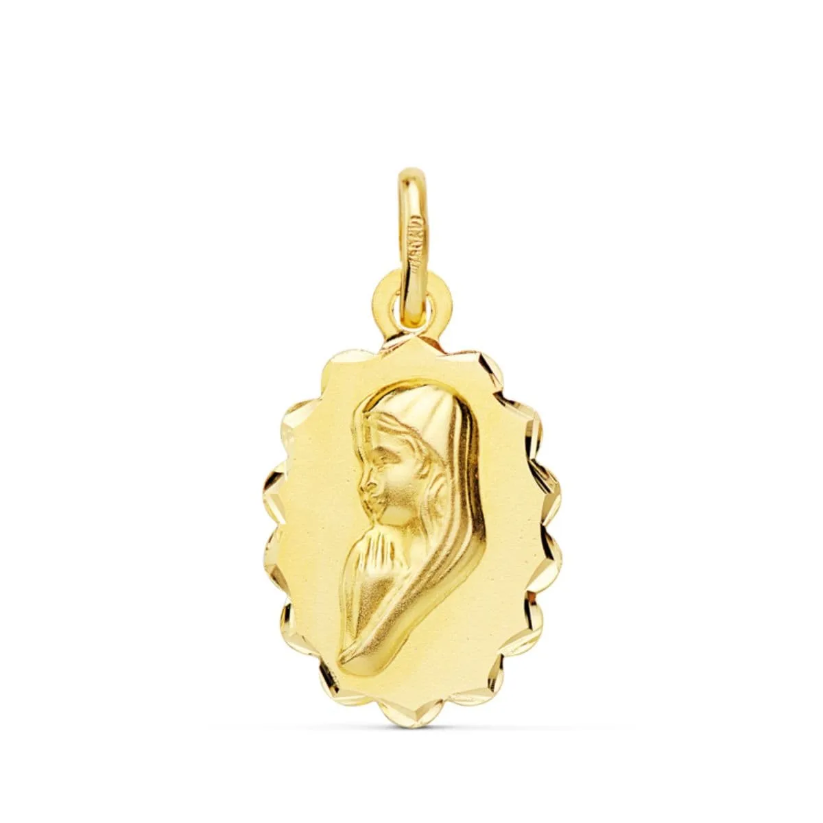 18K MEDALLA ORO AMARILLO VIRGEN NIÑA OVAL CON ARCOS TALLADOS. 16X12 MM