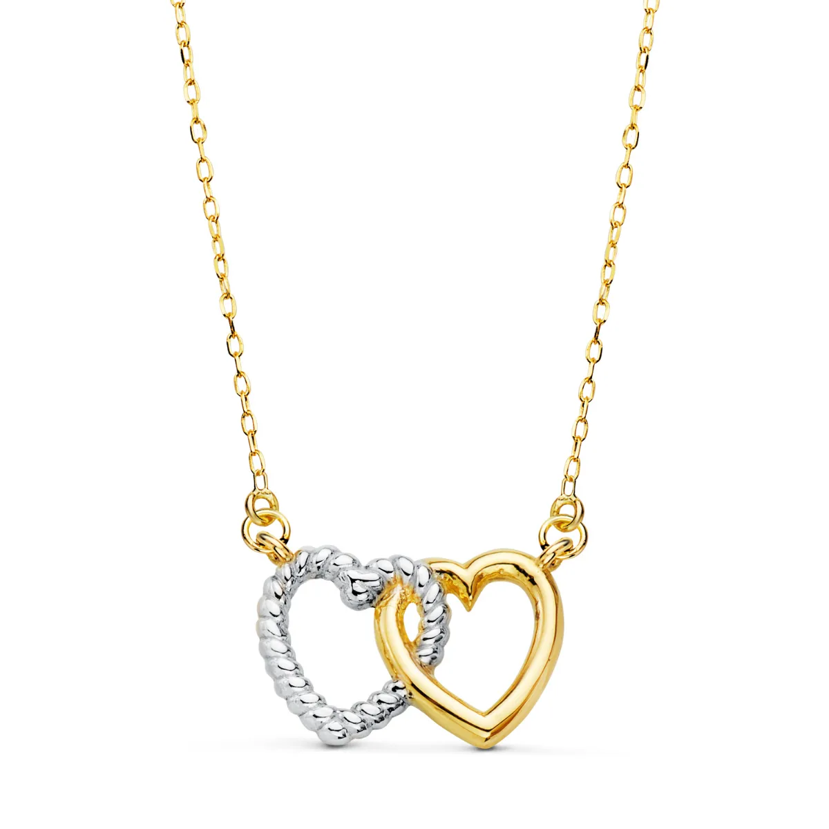 18K GARGANTILLA ORO BICOLOR DOS CORAZONES 13X9 MM. CADENA FORZADA 42 3 CM C. AMOR