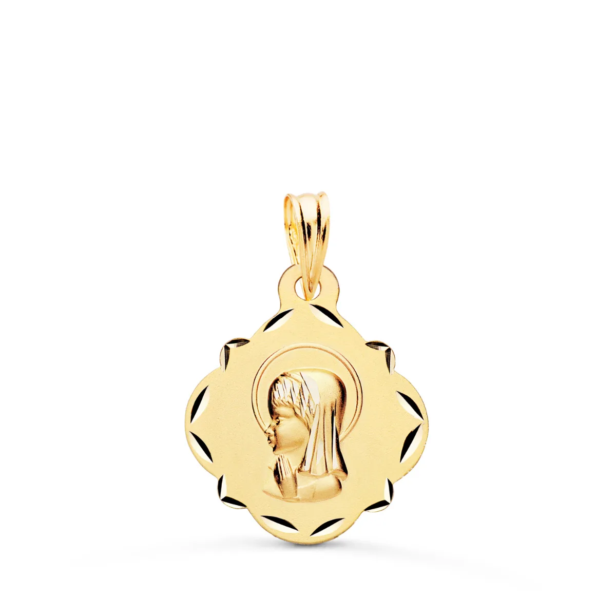 9K MEDALLA ORO AMARILLO VIRGEN NIÑA PERFIL PANDERETA TALLADA. MEDIDA: 19 X 16 MM