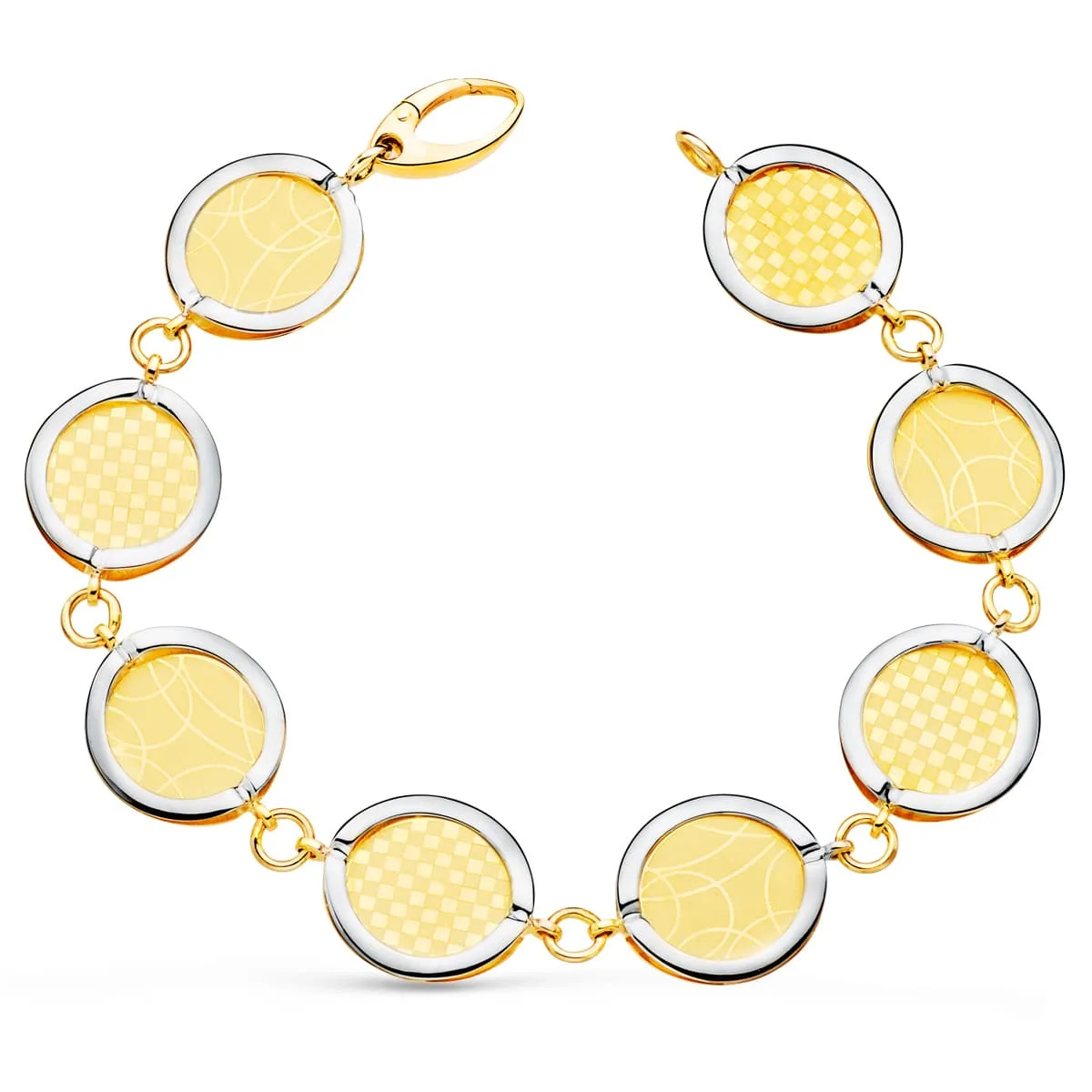 18K PULSERA ORO BICOLOR ESLABONES REDONDOS DISEÑOS MATIZADOS. 20.5 CM