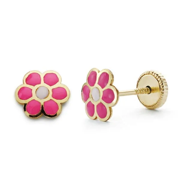 18K PENDIENTES ORO AMARILLO MARGARITA ROSA 6X6 MM CIERRE TUERCA