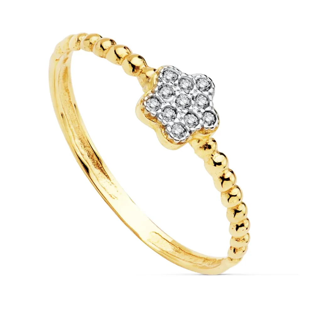 18K SORTIJA ORO BICOLOR FLOR DE 5 MM CON CIRCONITA CUERPO BOLITAS