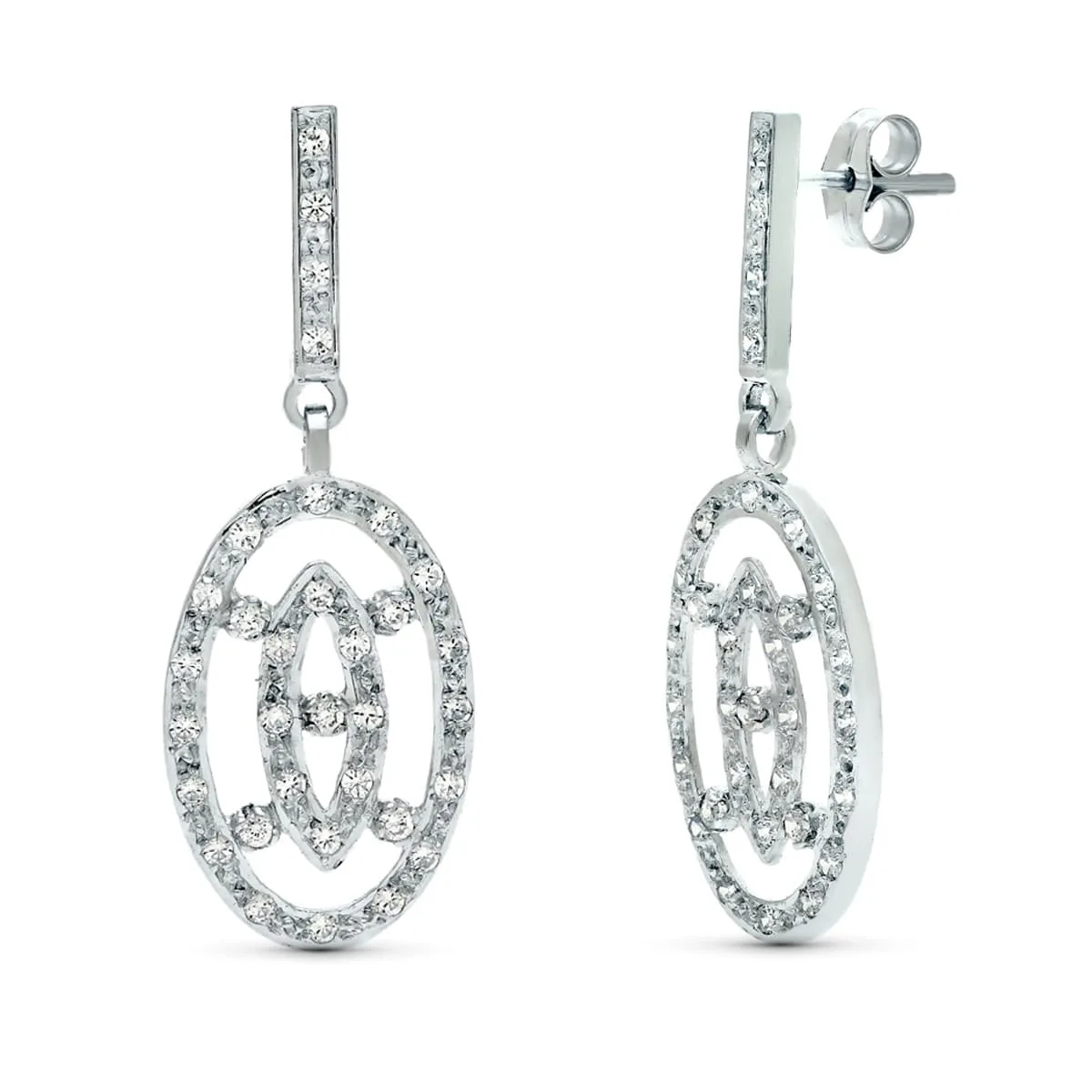 18K PENDIENTES DOS CUERPOS ORO BLANCO JUEGO NOVIA 38X14 MM PRESION