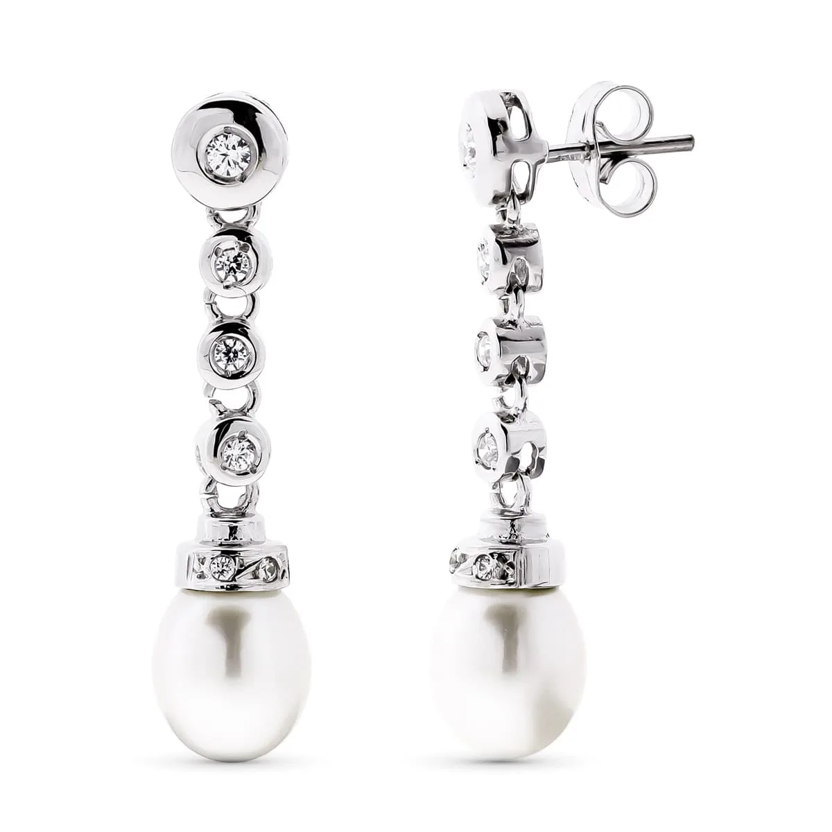 18K PENDIENTES ORO BLANCO LARGO PERLA CIULTIVADA 8 MM Y CIRCONITA TOTAL 30X7 MM CIERRE PRESION