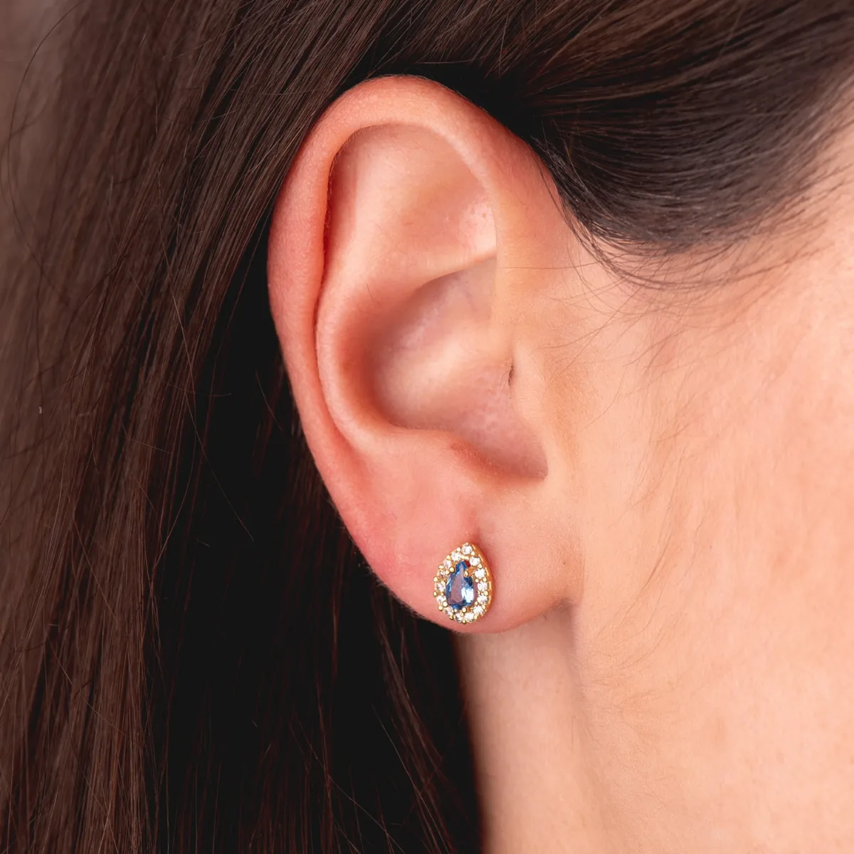 18K PENDIENTES ORO AMARILLO PIEDRA GOTA AZUL Y CIRCONITAS. 8,5 X 6 MM. CIERRE PRESION — vista 2