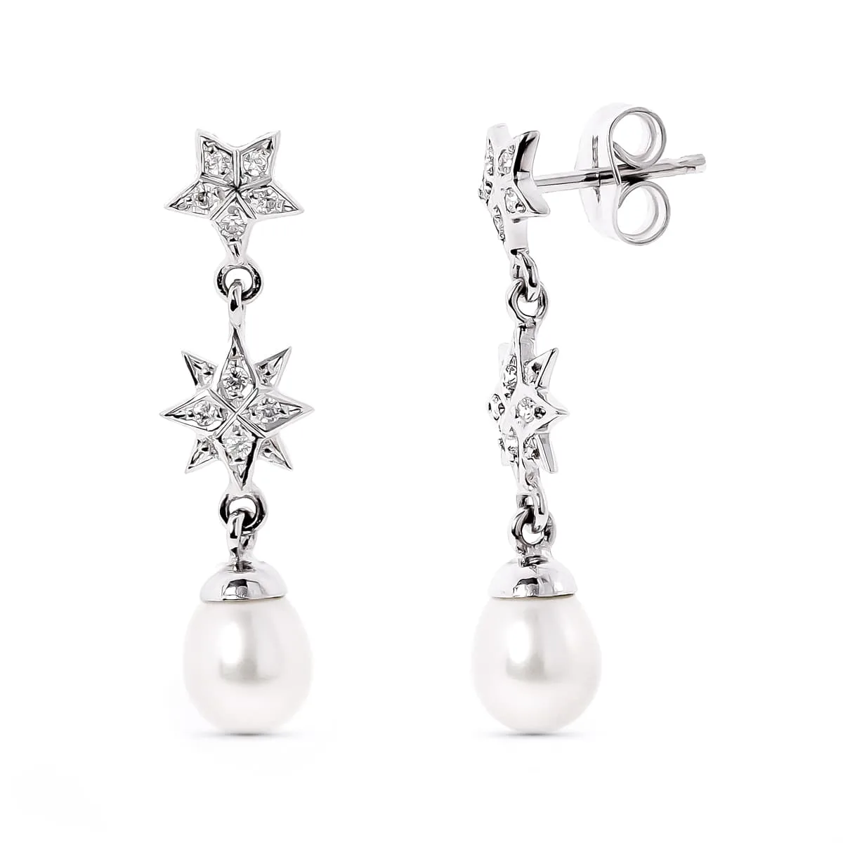 18K PENDIENTES ORO BLANCO ESTRELAS DE CIRCONITA Y PERLA CIERRE PRESION