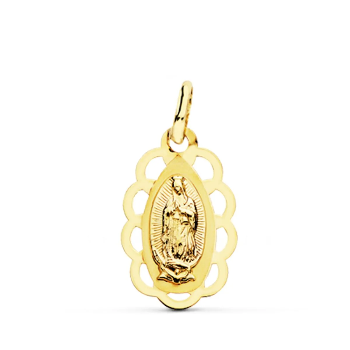 18K MEDALLA ORO AMARILLO VIRGEN DE GUADALUPE CERCO CALADO 19X12 MM