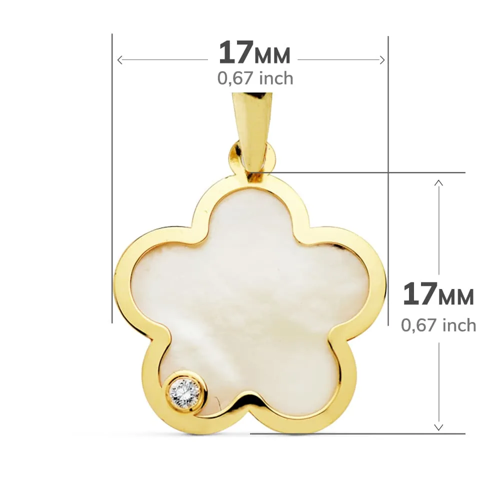 18K COLGANTE AMULETO ORO AMARILLO FLOR NACAR CIRCONITA 17X17 MM — vista 2