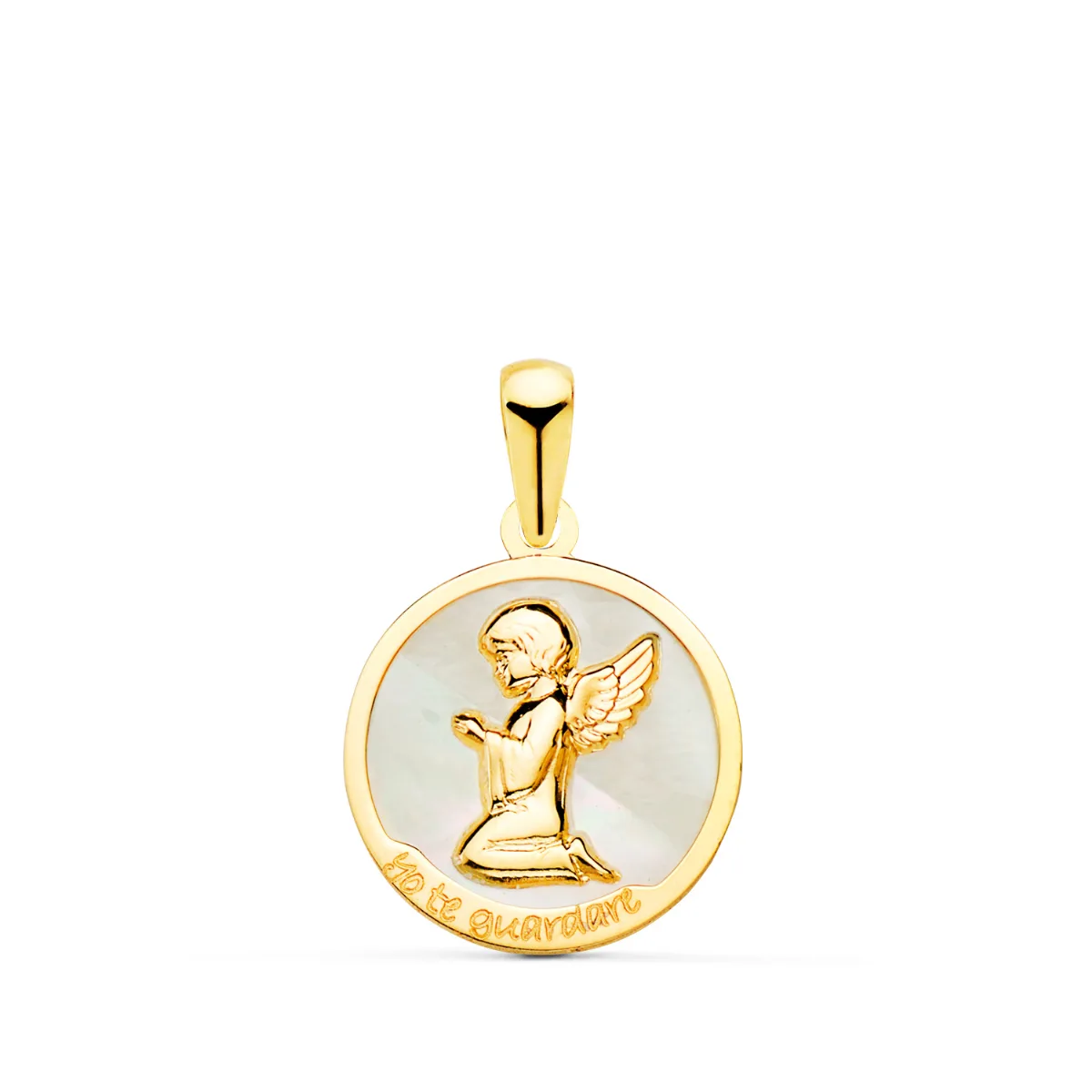 18K COLGANTE ORO AMARILLO ANGEL BURLON Y NACAR BLANCO YO TE GUARDARÉ 15 MM