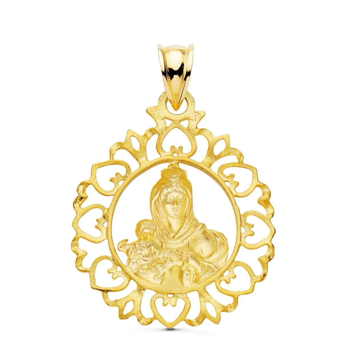 18K MEDALLA ORO AMARILLO VIRGEN DEL CARMEN CERCO ORLA CON CORAZONES 30X25 MM — vista 2