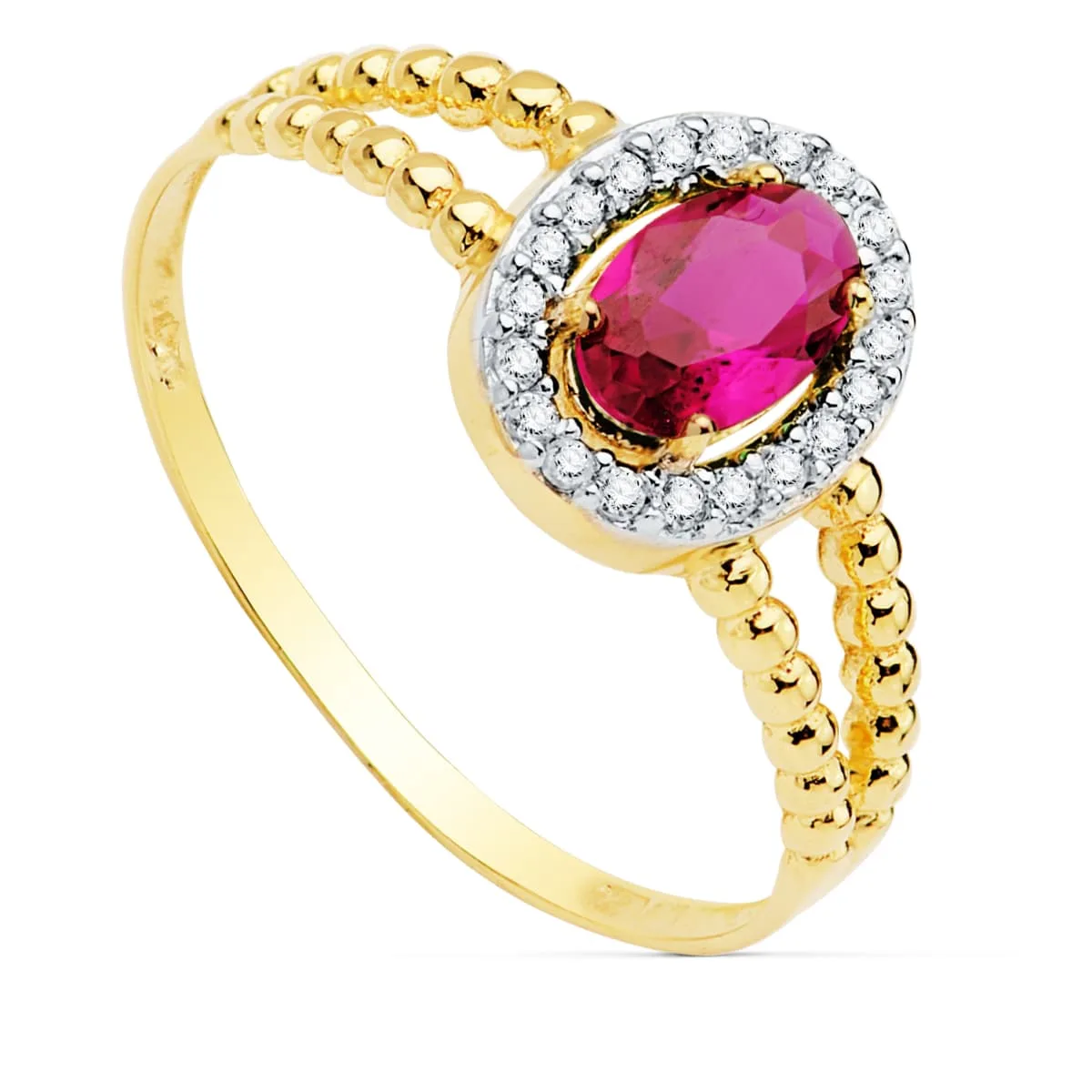 18K SORTIJA ORO BICOLOR CON PIEDRA ROJA 6X4 MM Y DOBLE CUERPO DE BOLITAS LISAS