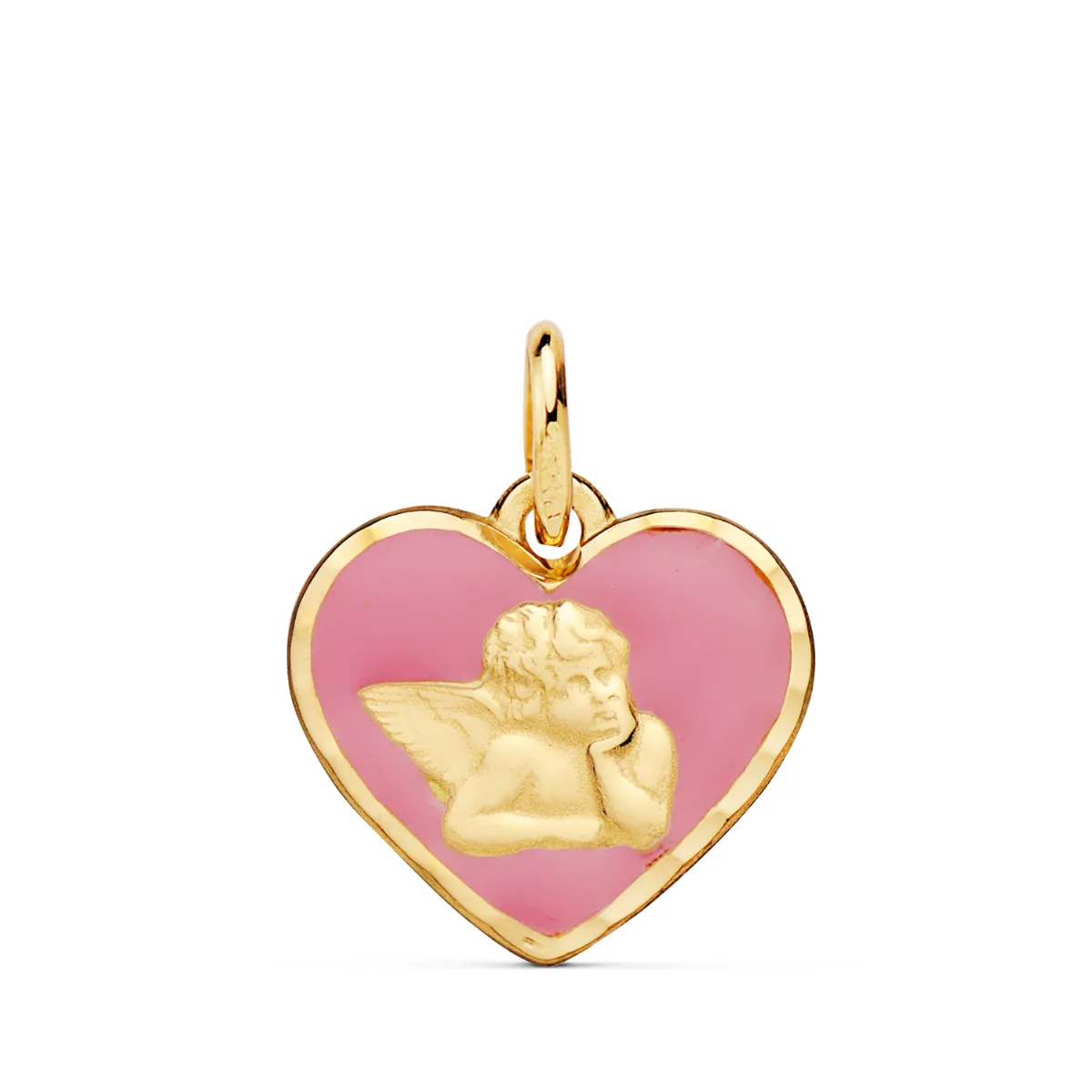 18K MEDALLA ORO AMARILLO CORAZON ANGELITO BURLON ESMALTE ROSA 14 MM C. AMOR