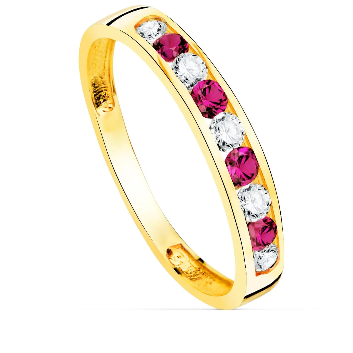 18K SORTIJA ORO AMARILLO 9 CIRCONITA BLANCAS Y ROJAS. ANCHO CUERPO 3.5 MM