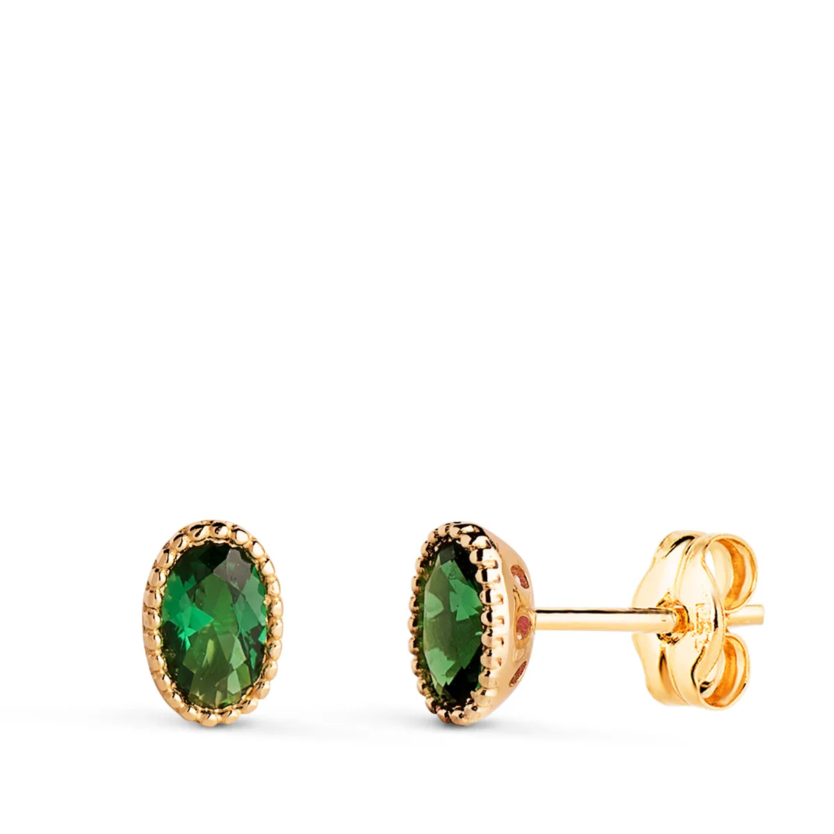 18K PENDIENTES ORO AMARILLO OVAL PIEDRA VERDE BORDES BOLITAS. MEDIDA: 6 X 4MM. CIERRE PRESION