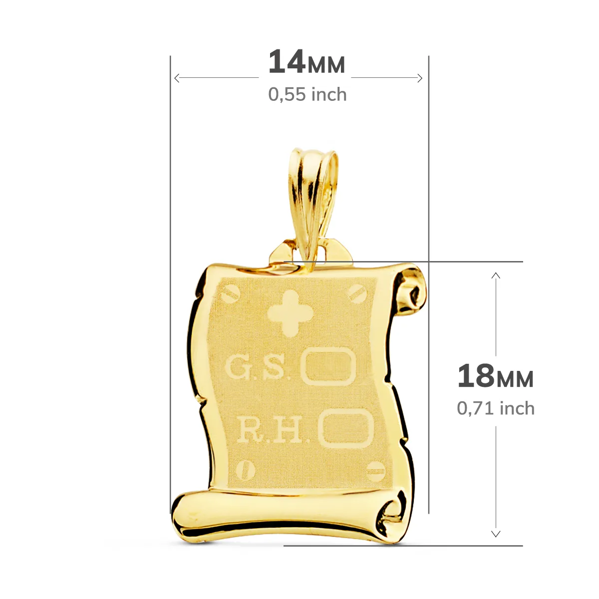 18K PLACA CHAPA COLGANTE PERGAMINO ORO AMARILLO BRILLO GRUPO SANGUINEO   RH MATE 18X14 MM — vista 2