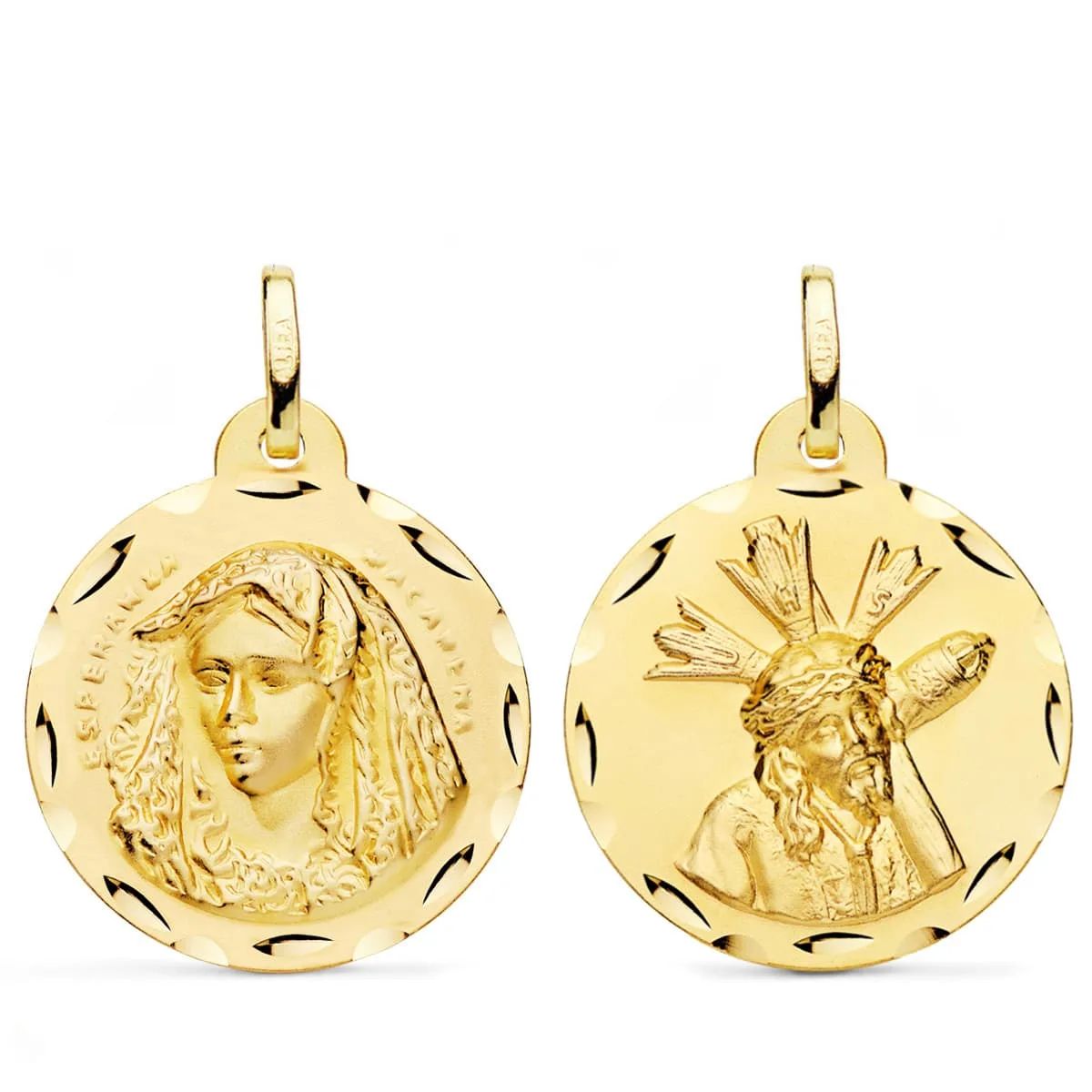 18K ESCAPULARIO ORO AMARILLO VIRGEN MACARENA Y GRAN PODER TALLADA 24 MM