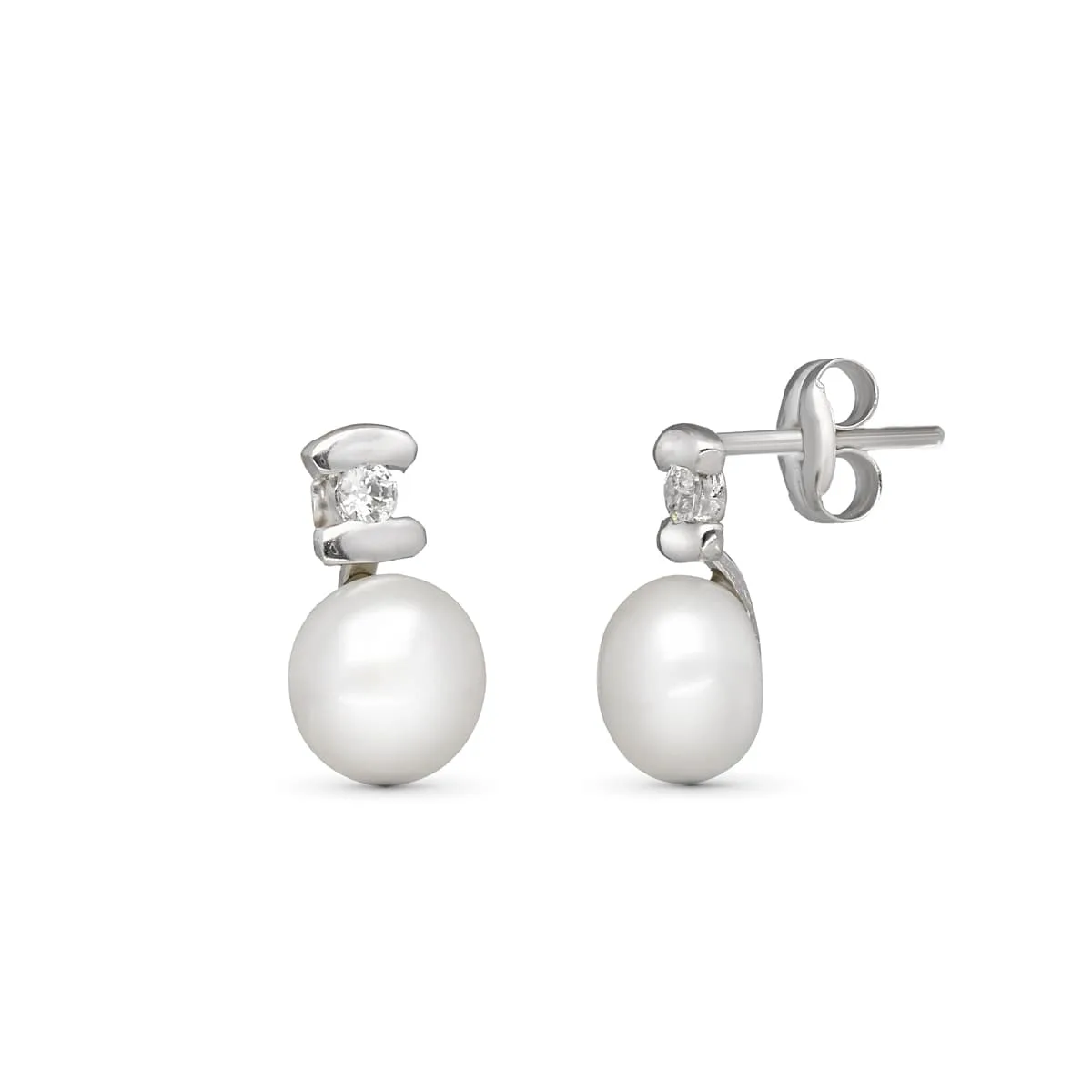 18K PENDIENTES ORO BLANCO PERLA CIRCONITA 10X6 MM CIERRE PRESION
