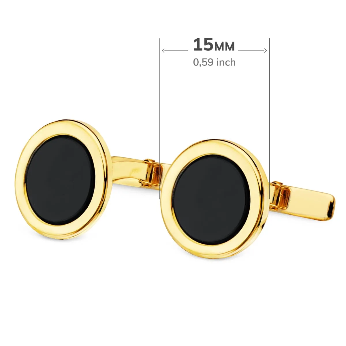 18K GEMELOS ORO AMARILLO REDONDOS CON ONIX 15 MM CIERRE RIGIDO OSCILANTE — vista 3