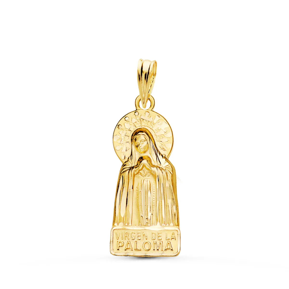 18K MEDALLA ORO AMARILLO VIRGEN DE LA PALOMA SILUETA TALLADA 20X9 MM