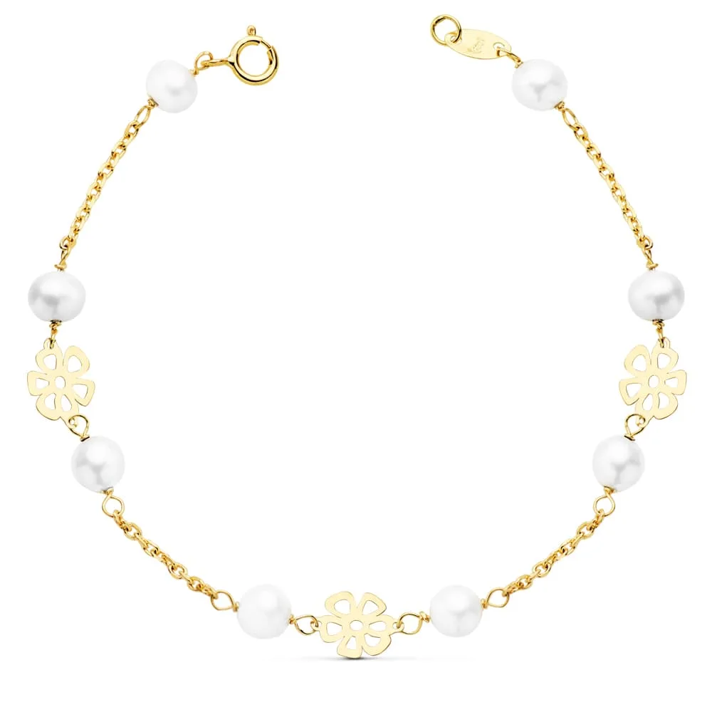 18K PULSERA ORO AMARILLO COMUNION FLORES CALADAS 17CM