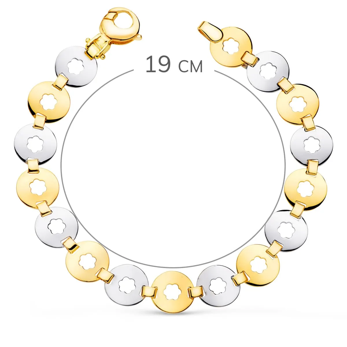 18K PULSERA ORO BICOLOR ESLABONES REDONDOS CON FLOR ANCHO 10 MM LARGO 19CM — vista 2