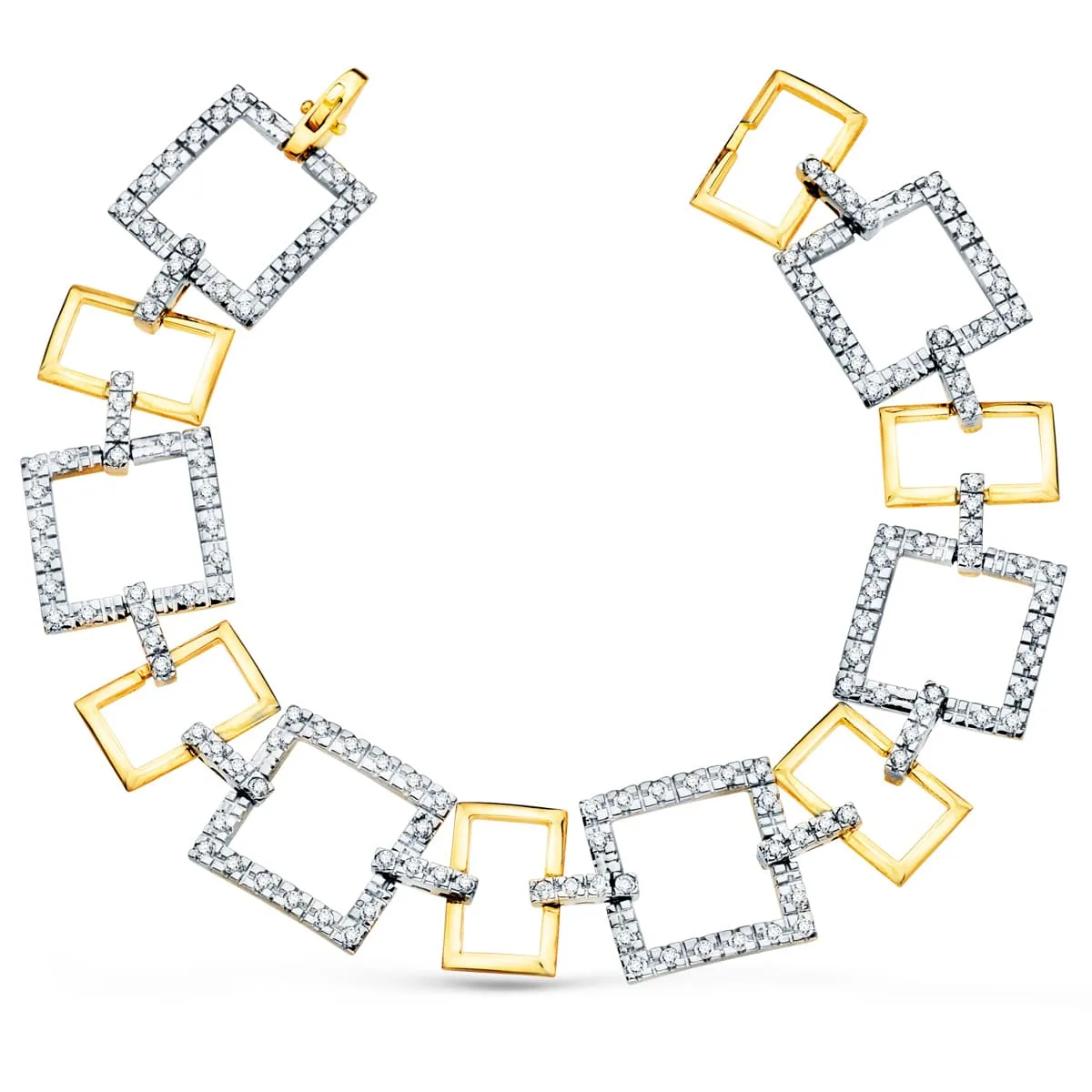 18K PULSERA ORO BICOLOR ESLABONES CUADRADOS Y MOTIVOS CON CIRCONITA 20CM