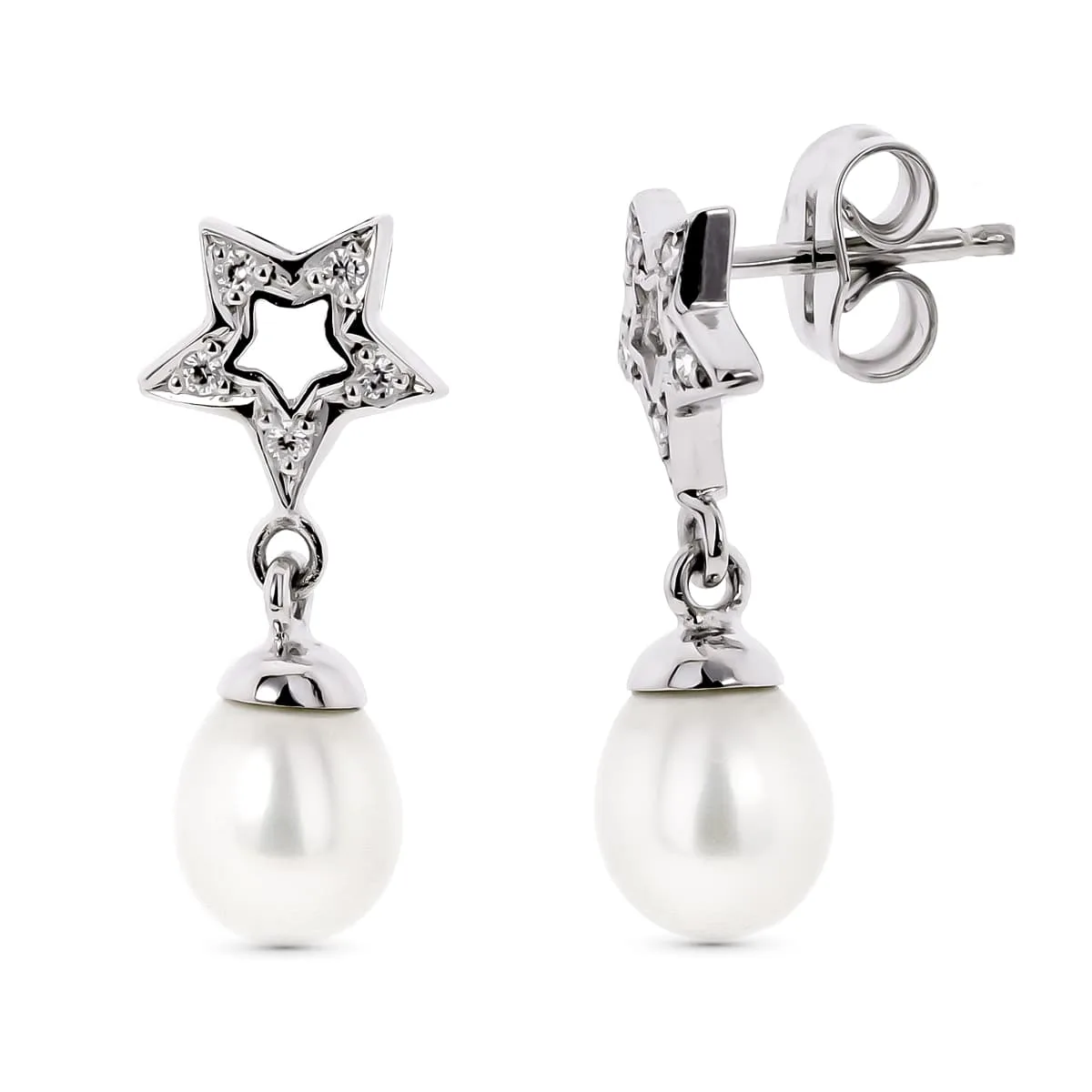 18K PENDIENTES ORO BLANCO DOS CUERPOS CON ESTRELLA Y PERLA CIERRE PRESION