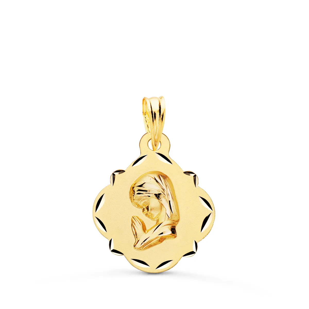 18K MEDALLA ORO AMARILLO VIRGEN NIÑA PERFIL PANDERETA TALLADA 19X16 MM