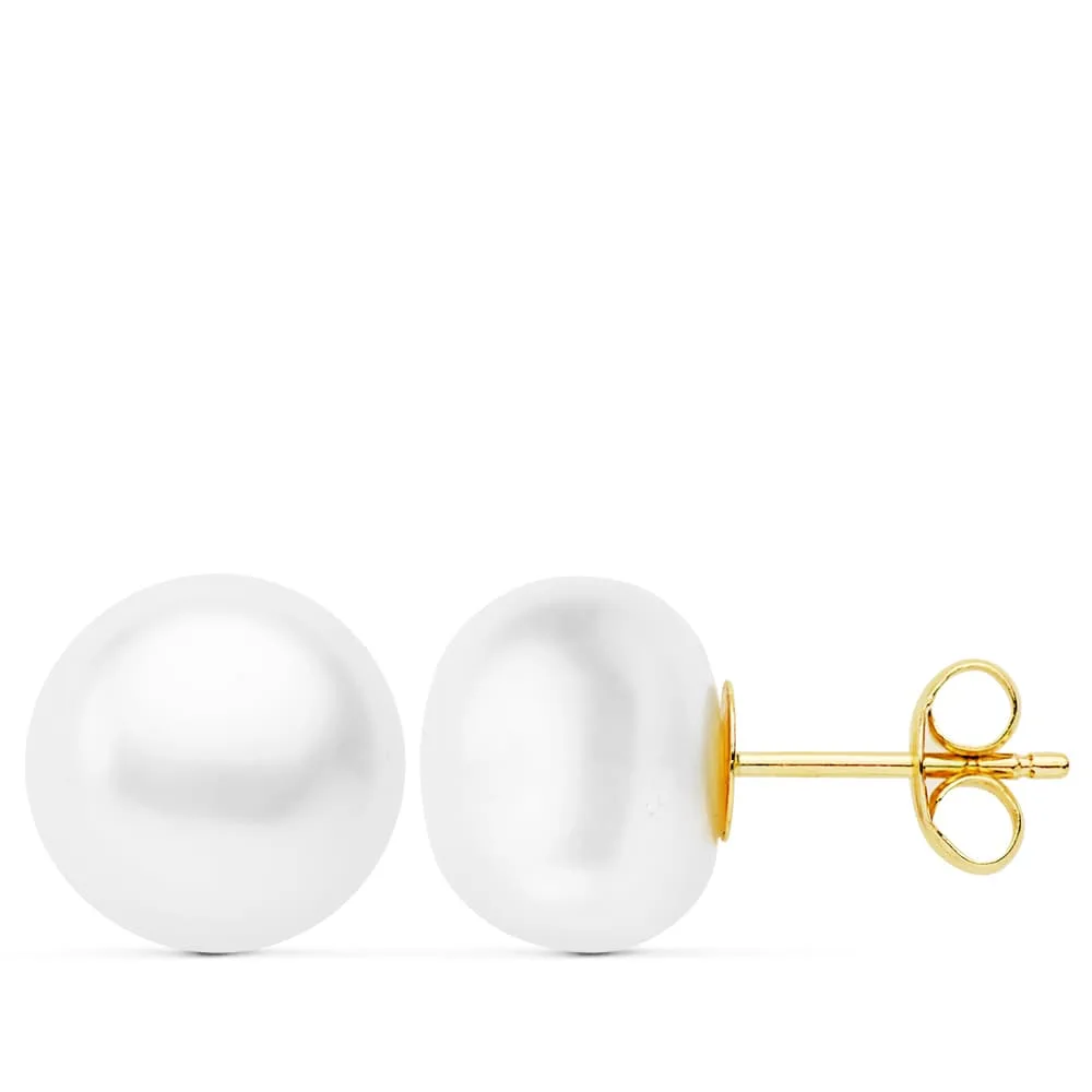 18K PENDIENTES PERLA BOTON ORO AMARILLO 10-10.5 MM CIERRE PRESION