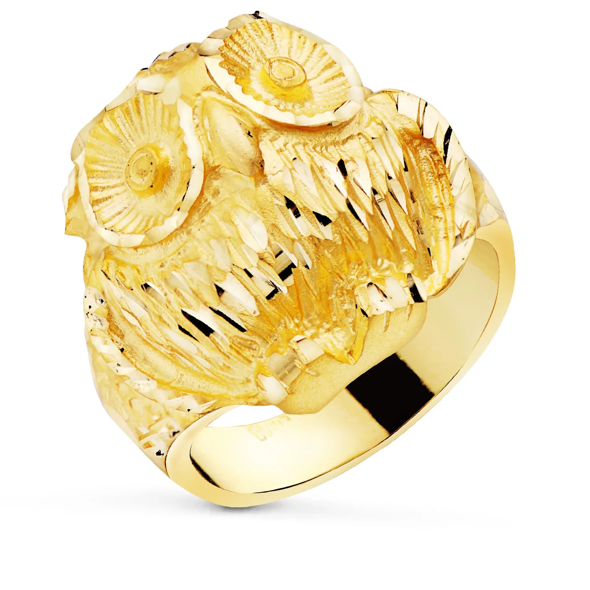 18K SELLO ORO AMARILLO MACIZO CABEZA DE BUHO TALLADO 22X22 MM