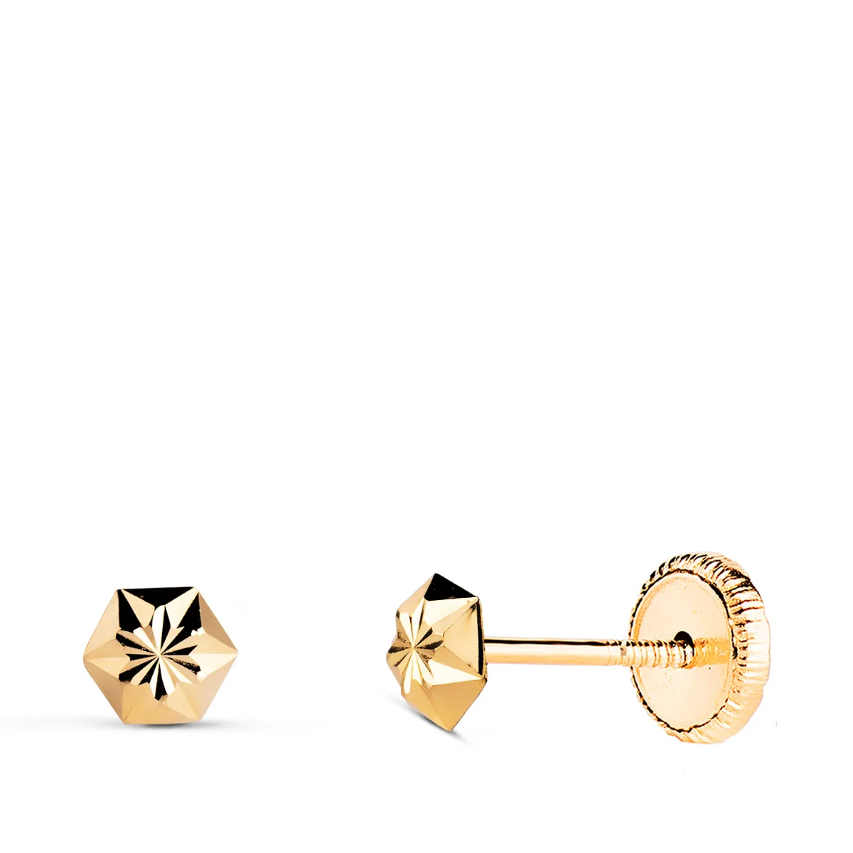 18K PENDIENTES ORO AMARILLO CLAVO ESTRELLA TALLADOS. MEDIDA: 5 X 4,5 MM. CIERRE TUERCA